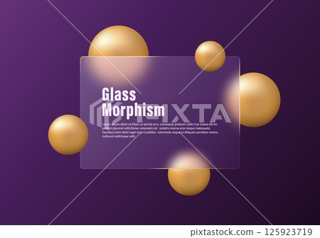 Glassmorphism panel with golden spheres on deep purple background Glassmorphism panel with golden spheres on deep purple background 125923719
