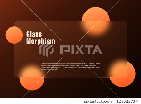 Glassmorphism panel with glowing orange circles on dark brown background 125923737