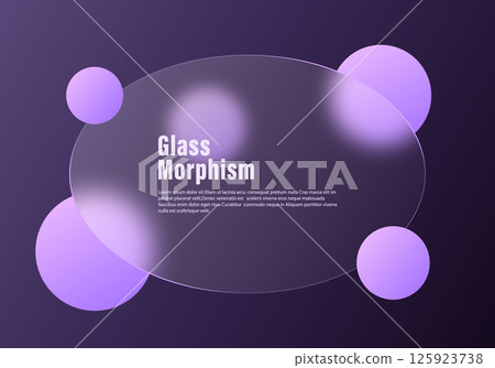 Glassmorphism oval panel with glowing violet spheres on dark background 125923738