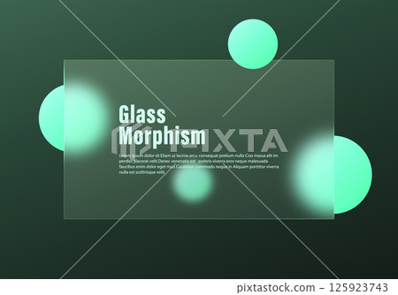 Glassmorphism panel with glowing spheres on dark green background 125923743
