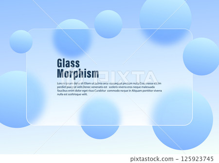 Glassmorphism panel with blue spheres on light sky background Glassmorphism panel with blue spheres on light sky background 125923745