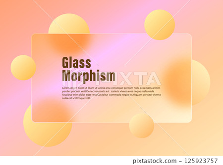 Glassmorphism panel with yellow spheres on warm pastel gradient 125923757