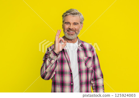 Happy Caucasian man showing ok gesture, like sign positive feedback, celebrate victory, approve idea 125924003