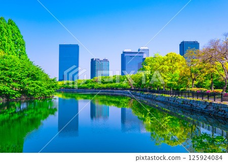 Fresh greenery and outer moat of Osaka Castle Park 125924084