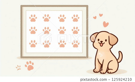 牆上裝飾著爪印圖案和一隻坐著的小狗的圖片 125924210