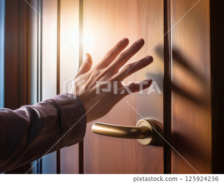 Close-up of a hand touching a door in the morning light and shadows 125924236