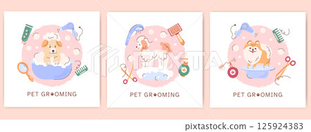 A set of square templates for Dog Grooming, grooming studio, hygiene, haircuts for pets. Design of posters, posters, booklets. Pedigreed dogs, pet Accessories. 125924383