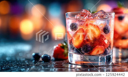 Refreshing cocktail with ice cubes, strawberries and blueberries in glass on wet surface with glowing lights. Refreshing cocktail with ice cubes, strawberries and blueberries in glass on wet surface with glowing lights. 125924442