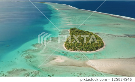Aerial view perspective of small tropical island with lush greenery palm trees and sandy beach, nestled in vibrant turquoise water coral reef, beauty of wild nature. Exotic travel getaway background 125924546
