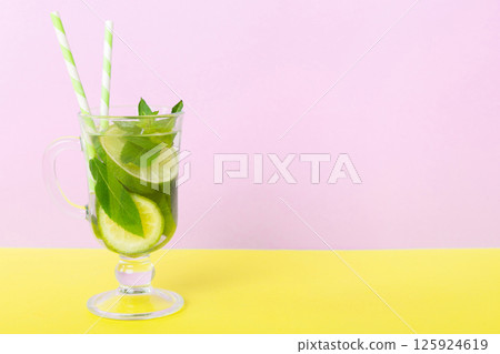 Mojito summer refreshing cocktail with ice and mint. mojito cocktail with lime, lemon and mint in a tall glass with a stick Mojito summer refreshing cocktail with ice and mint. mojito cocktail with lime, lemon and mint in a tall glass with a stick 125924619