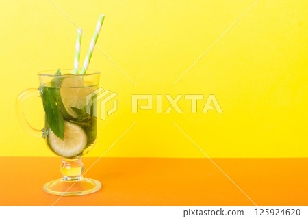 Mojito summer refreshing cocktail with ice and mint. mojito cocktail with lime, lemon and mint in a tall glass with a stick Mojito summer refreshing cocktail with ice and mint. mojito cocktail with lime, lemon and mint in a tall glass with a stick 125924620
