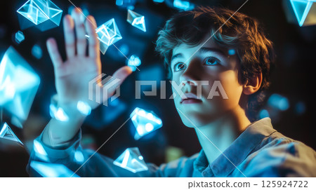 A smart student boy solving an intelligence puzzle with a holographic interface. The concept of education, critical thinking, and futuristic learning through interactive technology. Generative AI. 125924722