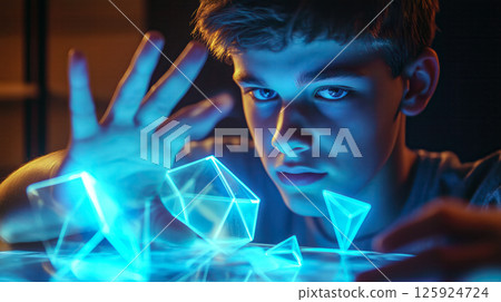 A smart student boy solving an intelligence puzzle with a holographic interface. The concept of education, critical thinking, and futuristic learning through interactive technology. Generative AI. 125924724
