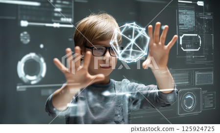A smart student boy solving an intelligence puzzle with a holographic interface. The concept of education, critical thinking, and futuristic learning through interactive technology. Generative AI. 125924725