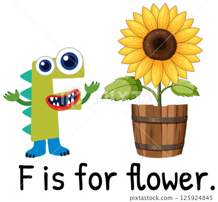 Alphabet Monster with Sunflower Illustration 125924845