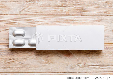 Blank White Product Package Box Mock-up. Open blank medicine drug box with blister top view 125924947