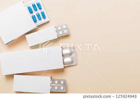 Blank White Product Package Box Mock-up. Open blank medicine drug box with blister top view 125924948