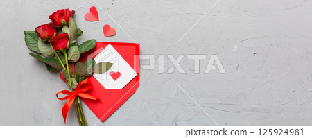Valentine day composition with Envelope, rose flower and Red heart on table. Top view, flat lay. Holiday concept Valentine day composition with Envelope, rose flower and Red heart on table. Top view, flat lay. Holiday concept 125924981