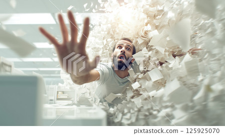 A stressed man struggles as he drowns in a massive pile of documents, overwhelmed by paperwork and deadlines. The concept of workplace stress, bureaucracy, and information overload. Generative AI. 125925070