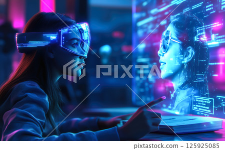 A kid girl learns online using futuristic technology. The concept of the integration of advanced digital tools in education, and learning experiences for the future generation. Generative AI. 125925085