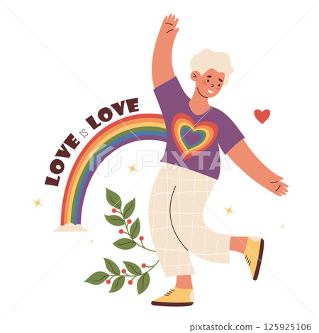 LGBTQ Person Dancing with Rainbow. LGBT community. Festive Lesbian Girl with short haircut symbolizing Pride Month and self-love. Vector Illustration 125925106