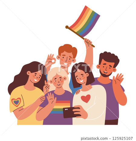 Diverse LGBT people with Rainbow Pride Flag together Taking Selfie. Memorable moment Friends. Joyful LGBTQ support, celebrating love, identity and equality. Vector Illustration for Pride Month, unity 125925107