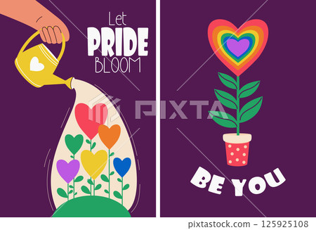 Pride Month. Promoting LGBT Poster Set. Hand with Garden Watering Can and rainbow Heart Flowers. LGBTQ community. Holiday vertical Cards and motivational phrases. Vector illustration 125925108