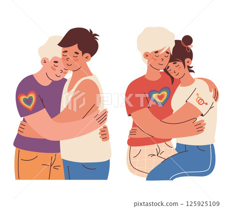 Same-sex couple. LGBTQ community. Happy loving lesbian couple embracing. Isolated Vector Illustration. Romantic connection LGBT support image for Pride Month, unity, diversity and equal love Same-sex couple. LGBTQ community. Happy loving lesbian couple embracing. Isolated Vector Illustration. Romantic connection LGBT support image for Pride Month, unity, diversity and equal love 125925109
