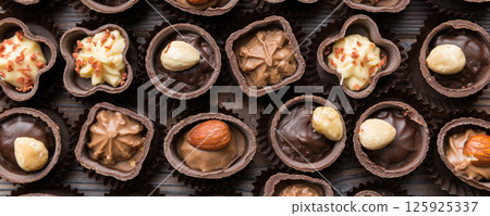 Different kinds of chocolates on colored table close-up. Top View and Flat Lay Different kinds of chocolates on colored table close-up. Top View and Flat Lay 125925337