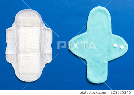 set of colorful bright reusable menstrual pads. zero waste woman periods concept top view with copy space 125925340