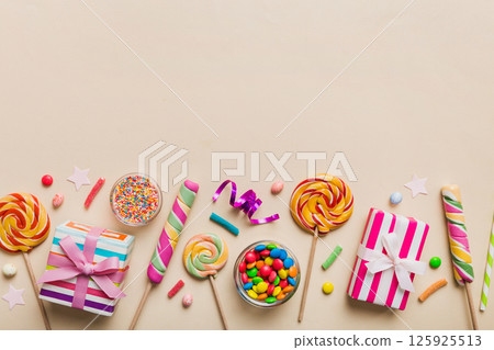 Collection of birthday party objects with gift box. Valentines day gift box. Top view flat lay with copy space 125925513