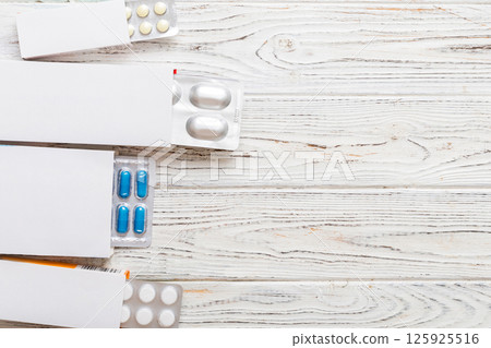 Blank White Product Package Box Mock-up. Open blank medicine drug box with blister top view 125925516