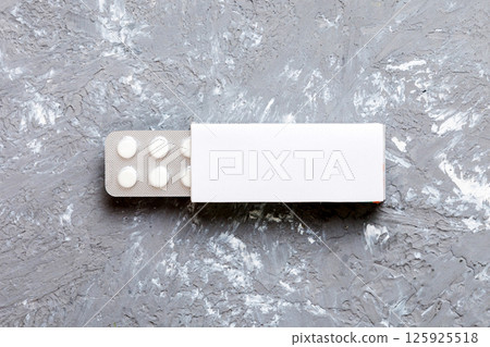 Blank White Product Package Box Mock-up. Open blank medicine drug box with blister top view 125925518