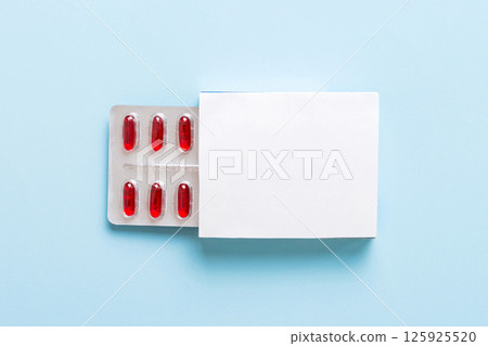 Blank White Product Package Box Mock-up. Open blank medicine drug box with Vatamin a blister top view 125925520