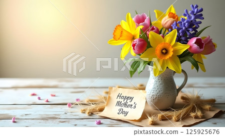 Mother's Day Bouquet with Greeting Card on Rustic Table 125925676
