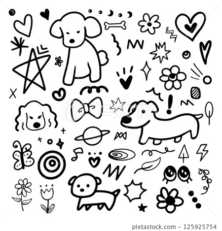 Doodle abstract hand drawn cartoon with black outline. element of dog, puppy, flower and nature for illustration 125925754