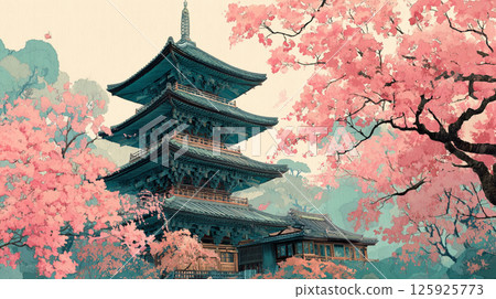 Shrines, temples and cherry blossoms in full bloom 125925773