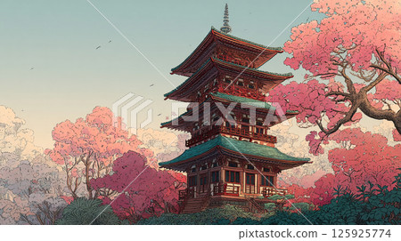 Scenery with cherry blossoms and shrines and temples 125925774