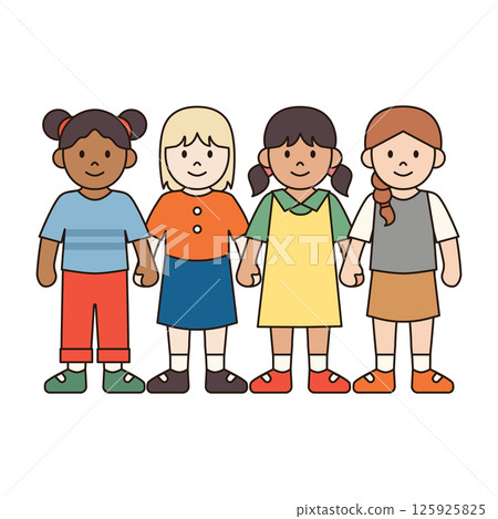 GIRLS HOLDING HANDS children illustration simple outline drawing character doodle diverse race and ethnicity people cute kawaii style 125925825