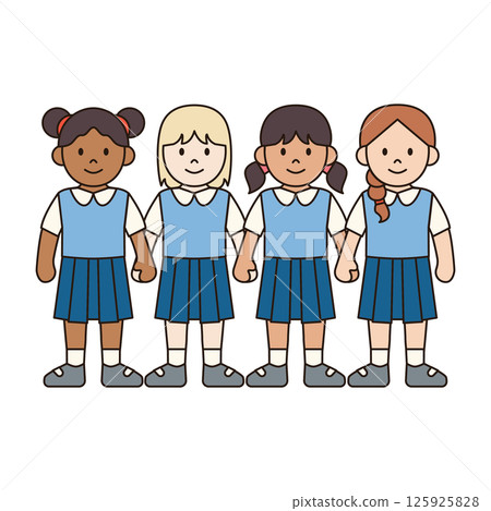 GIRL STUDENTS HOLDING HANDS children illustration simple outline drawing character doodle diverse race and ethnicity people cute kawaii style 125925828