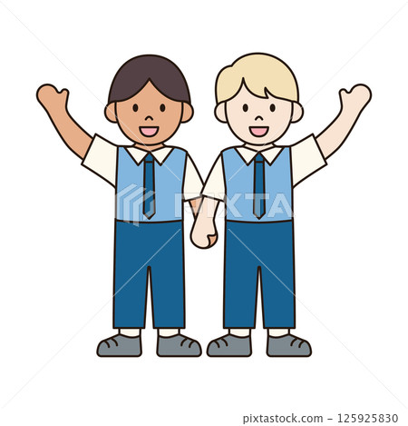BOY STUDENTS HOLDING HANDS UP children illustration simple outline drawing character doodle diverse race and ethnicity people cute kawaii style BOY STUDENTS HOLDING HANDS UP children illustration simple outline drawing character doodle diverse race and ethnicity people cute kawaii style 125925830