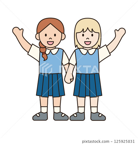GIRL STUDENTS HOLDING HANDS UP children illustration simple outline drawing character doodle diverse race and ethnicity people cute kawaii style 125925831