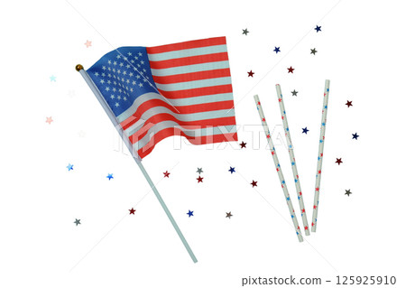 American flag waves alongside decorative stars and festive straws, isolated on white American flag waves alongside decorative stars and festive straws, isolated on white 125925910