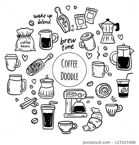 Cute doodle cartoon coffee shop icons. Outline hand drawn for coffee and bakery for cafe menu 125925986
