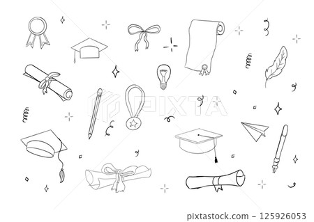 Graduation hat doodle line. University Cap of graduate and certificate degree hand drawn outline. Graduation hats sketch Graduation hat doodle line. University Cap of graduate and certificate degree hand drawn outline. Graduation hats sketch 125926053