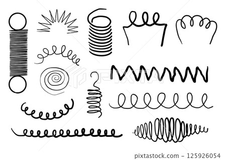 Metal coil spiral bounce metal line hand drawn doodle. Slinky or wire flexible spring. Set curly wavy twisted shape. Metal coil spiral bounce metal line hand drawn doodle. Slinky or wire flexible spring. Set curly wavy twisted shape. 125926054