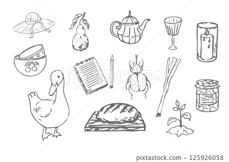 Retro cute whimsy farm themed cottage core aesthetic. Cottagecore set cosy country rural things sketch. Hobby collection, vegetables doodle. 125926058