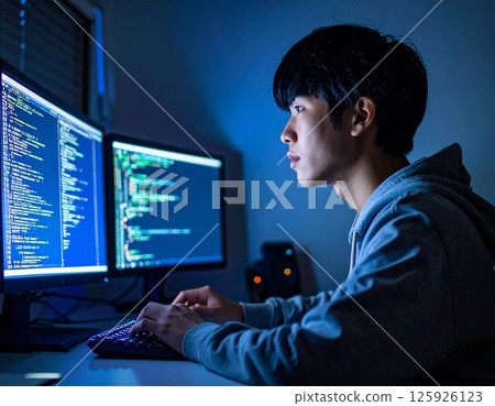 A male engineer is looking at multiple monitors in a dark room 125926123