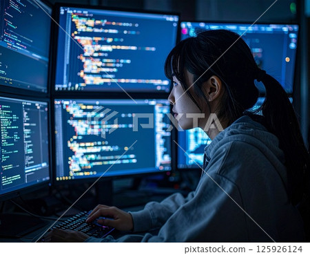 A woman is working with source code on multiple monitors 125926124