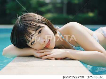 Young woman relaxing by the pool 125926165